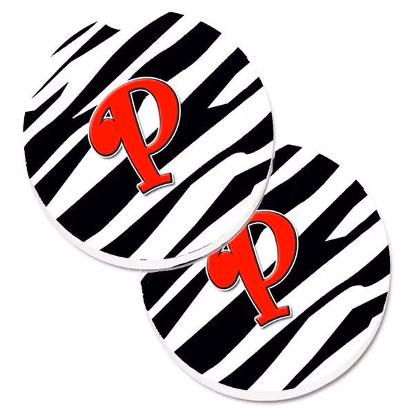 Monogram Initial P Zebra Red Set of 2 Cup Holder Car Coaster